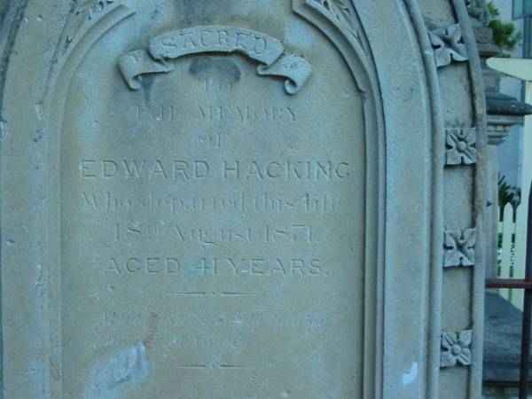 Edward HACKING died 18 Aug 1871 aged 41 years,  | Christ Church (Anglican), Milton, Brisbane  | 