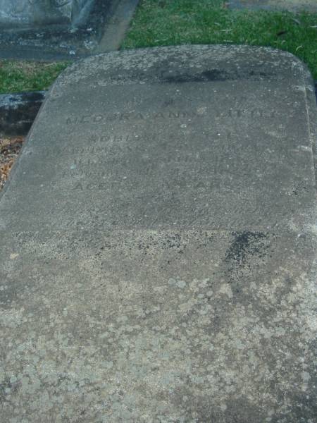 Medora Anne LITTLE  | wife of Robert LITTLE  | of Brisbane born Suffolk?  | died Feb 27th 1872  | aged 37 years  | Christ Church (Anglican), Milton, Brisbane  |