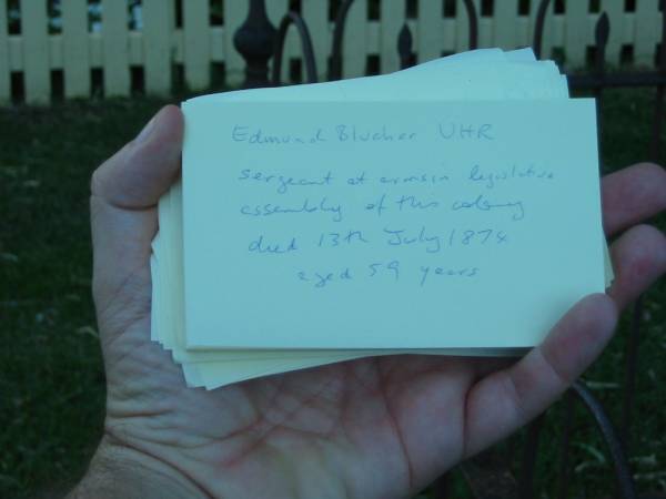 Edmund Blucher UHR  | sergeant at arms in legislative  | assembly of this colony  | died 13th July 1874  | aged 59 years  |   | Christ Church (Anglican), Milton, Brisbane  | 