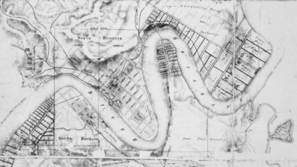 Brisbane 1844 Martens  | Paddington cemetery on left (with creek to south)  | West End/South Brisbane cemetery just in on lower left corner  |   |