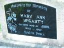 Mary Ann HEGARTY, wife of John, 1875 - 1962; Sacred Heart Catholic Church, Christmas Creek, Beaudesert Shire 