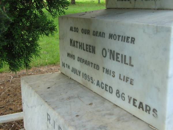 Gertie, daughter of Timothy & Kathleen O'NEILL,  | died 21 June 1921 aged 23 years;  | Timothy, husband of Kathleen O'NEILL,  | died 16 Sept 1925 aged 65 years;  | Moyra O'NEILL, their granddaughter,  | died 9 April 1922 aged 1 year;  | Kathleen O'NEILL, mother,  | died 14 July 1955 aged 86 years;  | Sacred Heart Catholic Church, Christmas Creek, Beaudesert Shire  | 