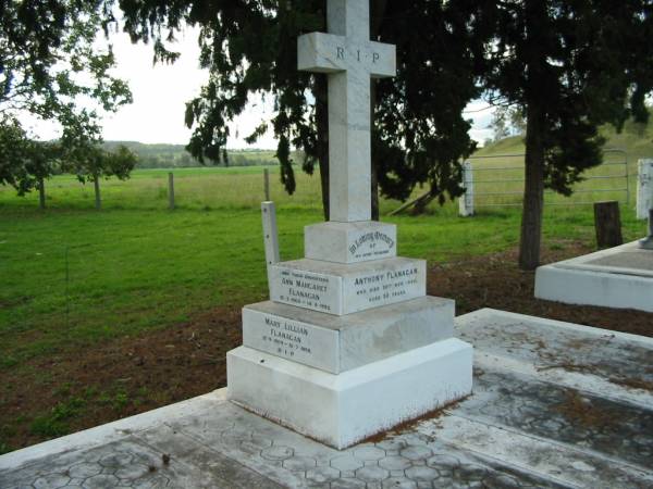 Anthony FLANAGAN, husband,  | died 30 Nov 1920 aged 50 years;  | Mary Lillian FLANAGAN,  | 12-9-1909 - 31-7-1998;  | Harriet FLANAGAN,  | died 30 Sept 1977 aged 93 years;  | Ann Margaret FLANAGAN, daughter,  | 10-3-1908 - 14-8-1995;  | Mary Lillian FLANAGAN, daughter,  | 12-9-1909 - 31-7-1998?;  | Sacred Heart Catholic Church, Christmas Creek, Beaudesert Shire  | 