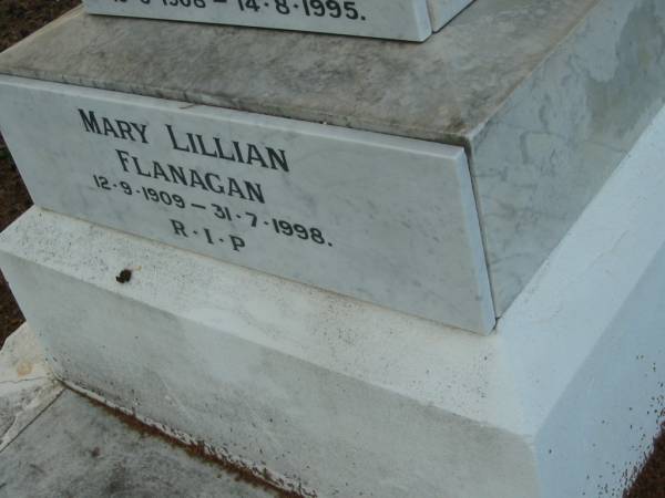 Anthony FLANAGAN, husband,  | died 30 Nov 1920 aged 50 years;  | Mary Lillian FLANAGAN,  | 12-9-1909 - 31-7-1998;  | Harriet FLANAGAN,  | died 30 Sept 1977 aged 93 years;  | Ann Margaret FLANAGAN, daughter,  | 10-3-1908 - 14-8-1995;  | Mary Lillian FLANAGAN, daughter,  | 12-9-1909 - 31-7-1998?;  | Sacred Heart Catholic Church, Christmas Creek, Beaudesert Shire  | 