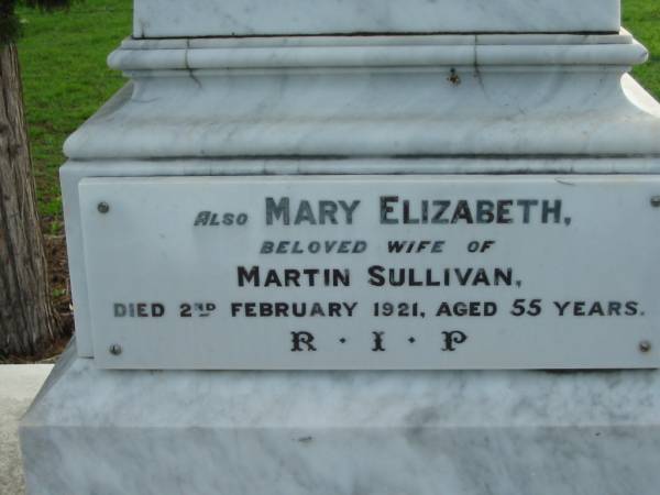 Martin SULLIVAN,  | born County Clare, Ireland,  | died Christmas Creek 29 March 1904 aged 68 years;  | Mary Elizabeth, wife of Martin SULLIVAN,  | died 2 Feb 1921 aged 55 years;  | Martin Bernard SULLIVAN,  | died 5 April 1973 aged 76 years;  | Josephine Julia SULLIVAN,  | died 17 Nov 1996 aged 93 years;  | Sacred Heart Catholic Church, Christmas Creek, Beaudesert Shire  | 