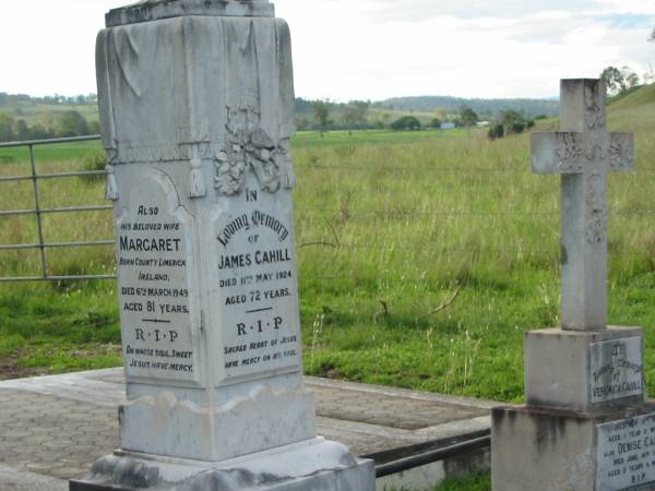 James CAHILL,  | died 11 May 1924 aged 72 years;  | Margaret, his wife,  | born County Limerick, Ireland,  | died 6 March 1949 aged 81 years;  | Michael CAHILL,  | born County Limerick, Ireland,  | died 8 Sept 1926 aged 79 years;  | Annie, his wife,  | born Tipperary, Ireland,  | died 23 Sept 1939 aged 83 years;  | Annie Margaret CAHILL, their daughter,  | died 30 July 1948 aged 58 years;  | Denis P. CAHILL,  | died 21 July 1967 aged 72 years;  | Michael J. CAHILL,  | died 22 June 1970 aged 78 years;  | Sacred Heart Catholic Church, Christmas Creek, Beaudesert Shire  | 