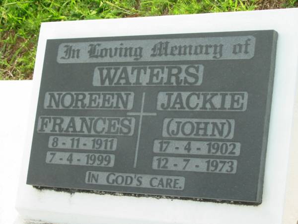 Noreen Frances WATERS,  | 8-11-1911 - 7-4-1999;  | Jackie (John) WATERS,  | 17-4-1902 - 12-7-1973;  | Sacred Heart Catholic Church, Christmas Creek, Beaudesert Shire  | 