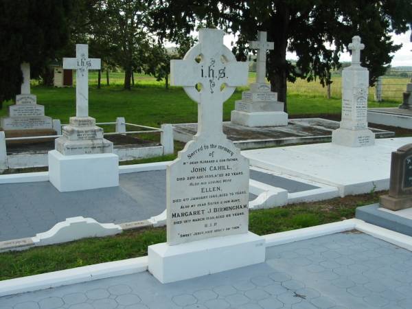 John CAHILL, husband father,  | died 22 Aug 1935 aged 82 years;  | Ellen, wife,  | died 4 Jan 1945 aged 76 years;  | Margaret J. BIRMINGHAM, sister aunt,  | died 18 March 1938 aged 65 years;  | Sacred Heart Catholic Church, Christmas Creek, Beaudesert Shire  | 