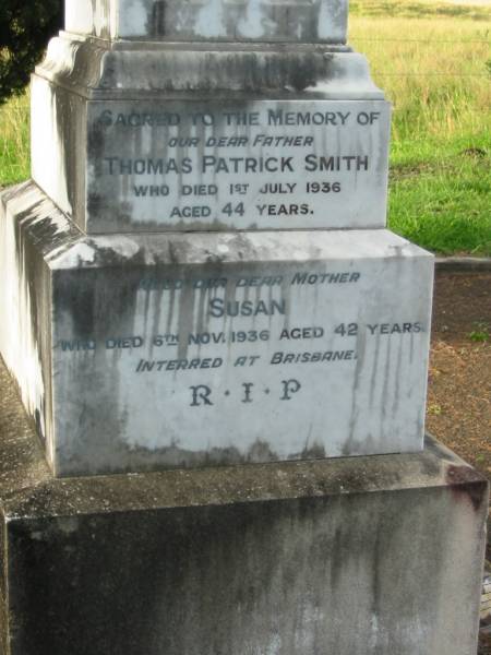 Kate Cecelia, wife of J.F. SMITH,  | died 13 Oct 1912 aged 53 years;  | Thomas Patrick SMITH, father,  | died 1 July 1936 aged 44 years;  | Susan, mother,  | died 6 Nov 1936 aged 42 years;  | Mary Alice SMITH,  | died 14 June 1887 aged 2 years;  | Michael Francis SMITH,  | died 15 Aug 1905 aged 28 years;  | Sacred Heart Catholic Church, Christmas Creek, Beaudesert Shire  | 