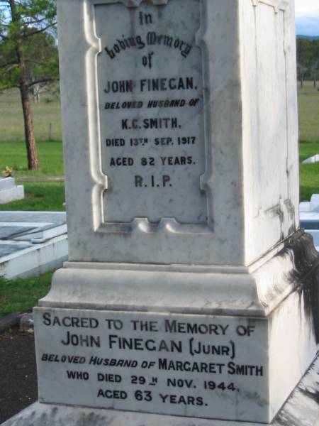 John FINEGAN, husband of K.C. SMITH,  | died 13 Sept 1917 aged 82 years;  | John FINEGAN (Junr), husband of Margaret SMITH,  | died 29 Nov 1944 aged 63 years;  | Margaret SMITH,  | died 20 Nov 1959;  | Sacred Heart Catholic Church, Christmas Creek, Beaudesert Shire  | 