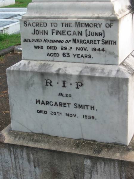 John FINEGAN, husband of K.C. SMITH,  | died 13 Sept 1917 aged 82 years;  | John FINEGAN (Junr), husband of Margaret SMITH,  | died 29 Nov 1944 aged 63 years;  | Margaret SMITH,  | died 20 Nov 1959;  | Sacred Heart Catholic Church, Christmas Creek, Beaudesert Shire  | 