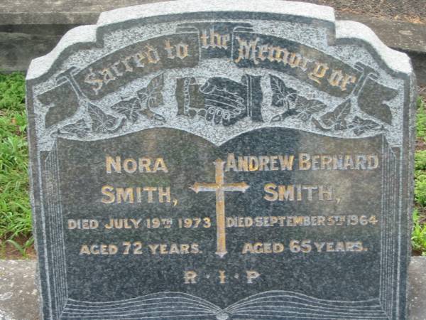 Nora SMITH,  | died 19 July 1973 aged 72 years;  | Andrew Bernard SMITH,  | died 5 Sept 1964 aged 65 years;  | Sacred Heart Catholic Church, Christmas Creek, Beaudesert Shire  | 