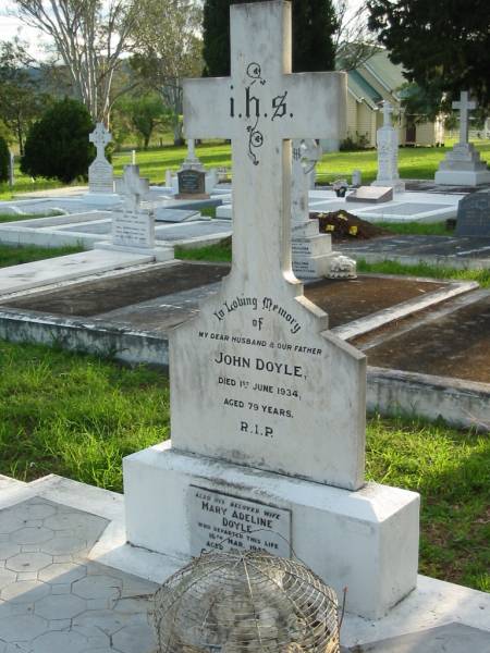 John DOYLE, husband father,  | died 1 June 1934 aged 79 years;  | Mary Adeline DOYLE, wife,  | died 16 March 1947 aged 85 years;  | Sacred Heart Catholic Church, Christmas Creek, Beaudesert Shire  | 