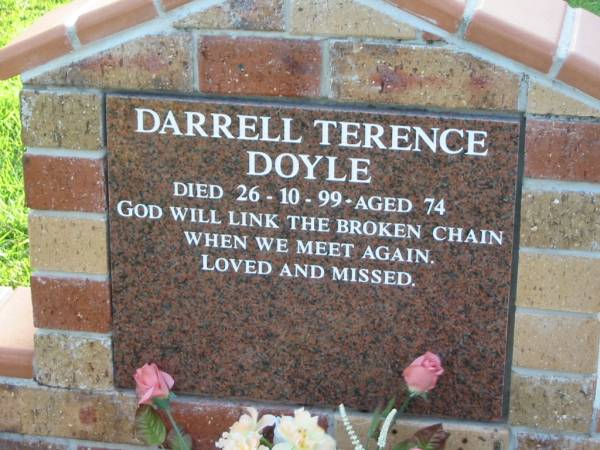 Darrell Terence DOYLE,  | died 26-10-99 aged 74;  | Sacred Heart Catholic Church, Christmas Creek, Beaudesert Shire  | 
