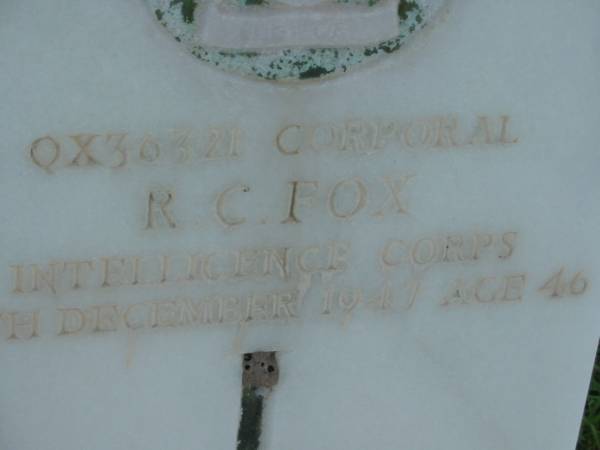 R.C. FOX,  | 19 Dec 1947 aged 46,  | missed by wife & children;  | Sacred Heart Catholic Church, Christmas Creek, Beaudesert Shire  | 