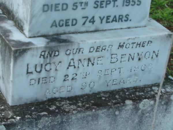 Alfred BENYON, husband father,  | died 5 Sept 1955 aged 74 years;  | Lucy Anne BENYON, mother,  | died 22 Sept 1968 aged 90 years;  | Sacred Heart Catholic Church, Christmas Creek, Beaudesert Shire  | 