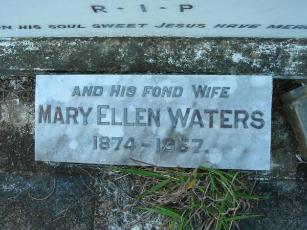 James WATERS,  | died 1 Aug 1914 aged 55 years;  | Mary Ellen WATERS, wife,  | 1874 - 1957;  | Sacred Heart Catholic Church, Christmas Creek, Beaudesert Shire  | 