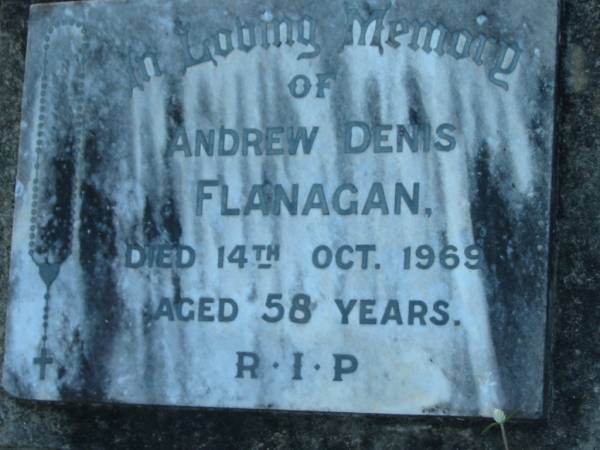 Andrew Denis FLANAGAN,  | died 14 Oct 1969 aged 58 years;  | Sacred Heart Catholic Church, Christmas Creek, Beaudesert Shire  | 
