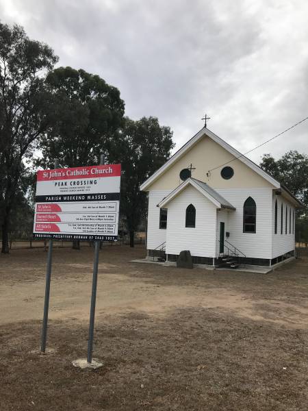 St John's Catholic Church, Peak Crossing.  | First church blessed 10 Dec 1882  | Present church 6 Sep 1914  |   | 