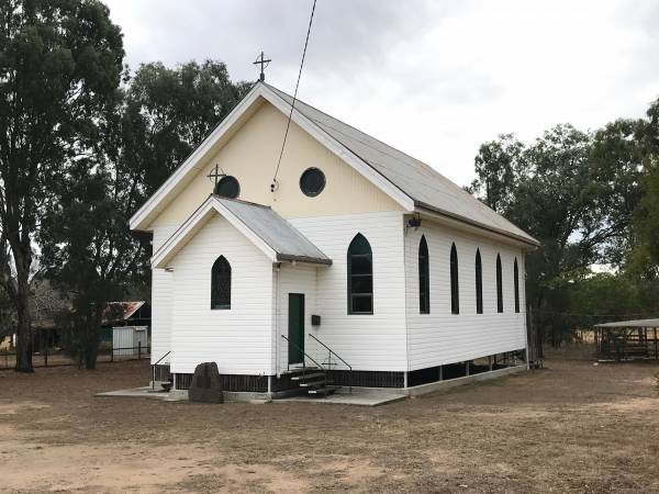 St John's Catholic Church, Peak Crossing.  | First church blessed 10 Dec 1882  | Present church 6 Sep 1914  |   | 