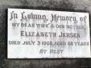 
August JENSEN, father,
died 9 Oct 1982 aged 92 years;
Elizabeth JENSEN, wife mother,
died 3 July 1066 aged 68 years;
Coleyville Cemetery, Boonah Shire
