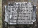 Annie DICKFOS, wife mother, died 11 Sept 1936 aged 53 years; Coleyville Cemetery, Boonah Shire 