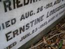 parents; Friedrich LOBEGEIGER, died 26 Aug 1913 aged 61 years; Ernestine LOBEGEIGER, died 23 June 1923 aged 72 years; Coleyville Cemetery, Boonah Shire 