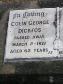 Colin George DICKFOS, died 2 March 1977 aged 62 years; Violet Louisa DICKFOS, died 3 Nov 1995 aged 86 years; Coleyville Cemetery, Boonah Shire 