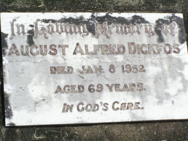 August Alfred DICKFOS,  | died 8 Jan 1952 aged 69 years;  | Coleyville Cemetery, Boonah Shire  | 