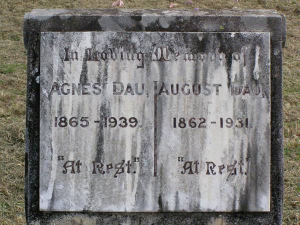 Agnes DAU, 1865 - 1939;  | August DAU, 1962 - 1931;  | Coleyville Cemetery, Boonah Shire  | 