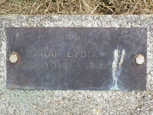 Sarah Lydia KING,  | 29 May 1881 - 26 Oct 1918;  | Coleyville Cemetery, Boonah Shire  | 