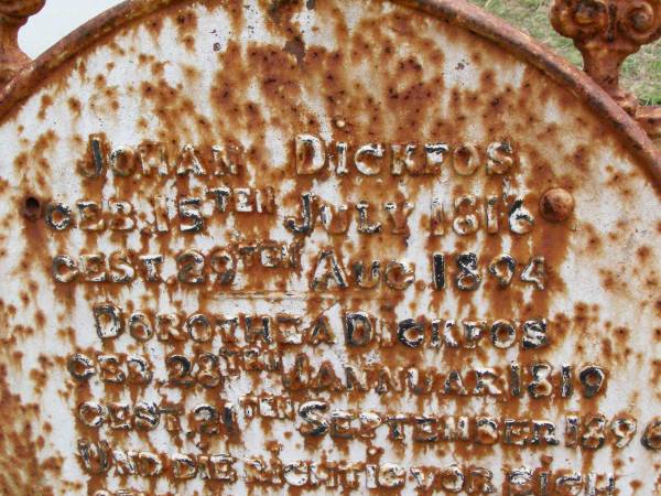 Johan DICKFOS,  | born 15 July 1816 died 29 Aug 1894;  | Dorothea DICKFOS,  | born 28 Jan 1819 died 21 Sept 1896;  | Coleyville Cemetery, Boonah Shire  | 
