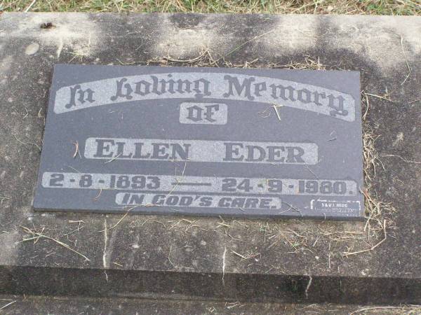 Ellen EDER,  | 2-8-1893 - 24-9-1980;  | Coleyville Cemetery, Boonah Shire  | 