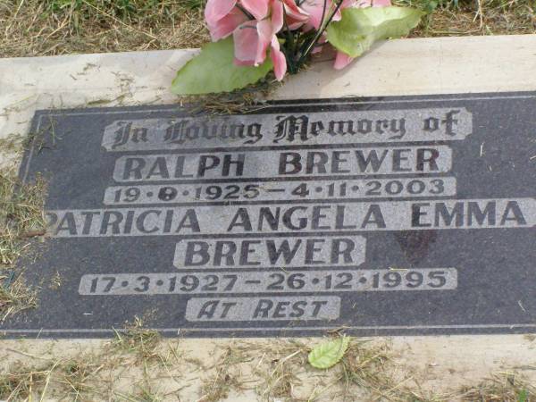 Ralph BREWER,  | 19-9-1925 - 4-11-2003;  | Patricia Angela Emma BREWER,  | 17-3-1927 - 26-12-1995;  | Coleyville Cemetery, Boonah Shire  | 