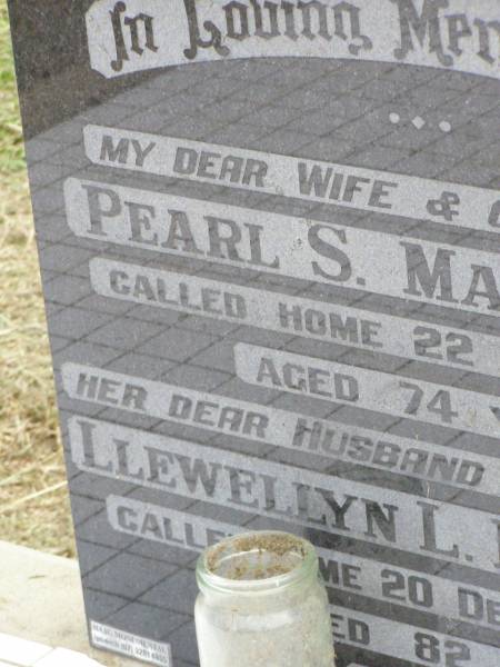 Pearl S. MANDELKOW, wife mother,  | died 22 March 1996 aged 74 years;  | Llewellyn L. MANDELKOW, husband father,  | died 20 Dec 1998 aged 82 years;  | Coleyville Cemetery, Boonah Shire  | 