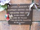 
Geoffrey Dennis SMITH,
did 8-06-2005 aged 58 years;
Coochiemudlo Island Pine Ridge Chapel collumbarium, Redland Shire
