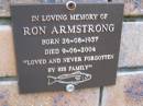 
Ron ARMSTRONG,
born 26-08-1937,
died 9-06-2004;
Coochiemudlo Island Pine Ridge Chapel collumbarium, Redland Shire
