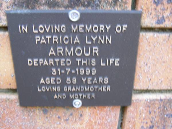 Patricia Lynn ARMOUR,  | died 31-7-1999 aged 58 years,  | mother grandmother;  | Coochiemudlo Island Pine Ridge Chapel collumbarium, Redland Shire  | 