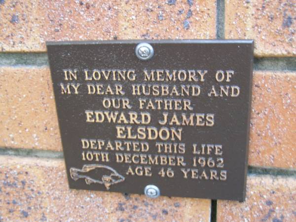 Edward James ELSDON,  | husband father,  | died 10 Dec 1962 aged 46 years;  | Coochiemudlo Island Pine Ridge Chapel collumbarium, Redland Shire  | 