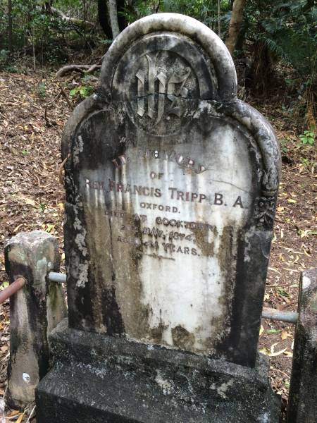 Rev Francis TRIPP B.A.  | (Oxford)  | d: 20 May 1874 aged 44 at Cooktown  |   | Francis TRIPP arrived in Cooktown on 10 May 1874. Ten days later he died. He came to administer the Cooktown parish for the Church of England. He originally left England in 1863 to serve in Amuri, New Zealand and later in Copperhead near Clermont, Queensland.  | In New Zealand he was considered eccentric. Suggestions of an appointment to a neighbouring parish net frosty reception. In contrast ther Cooktown Courier of 1874 reported TRIPP was 'followed to the grave by nearly all the most influential residents of the town'. TRIPP's headstone is the earliest surviving in the cemetery.  |   | Cooktown Cemetery  |   | 