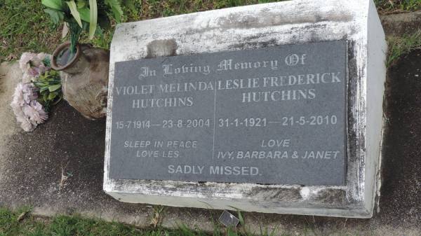 Violet Melinda HUTCHINS  | b: 15 Jul 1914  | d: 23 Aug 2004  |   | Leslie Frederick HUTCHINS  | b: 31 Jan 1921  | d: 21 May 2010  | love Ivy, Barbara, Janet  |   | Cooloola Coast Cemetery  |   | 