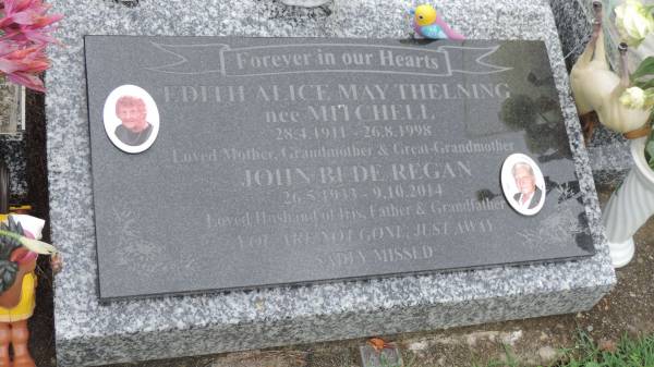 Edith Alice May THELNING (nee MITCHELL)  | b: 28 Apr 1911  | d: 26 Aug 1998  |   | John Bede REGAN  | b: 26 May 1933  | d: 9 Oct 2014  | husband of Iris  |   | Cooloola Coast Cemetery  |   | 