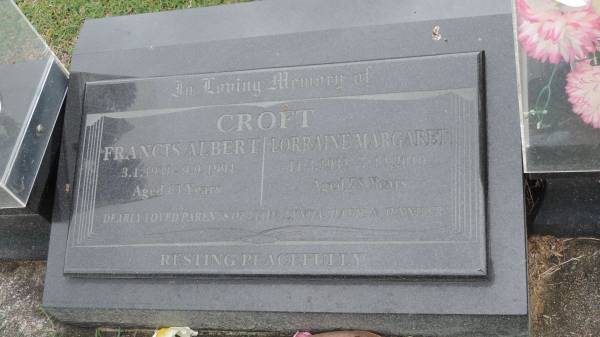 Francis Albert CROFT  | b: 3 Jan 1931  | d: 9 Sep 1994 aged 63  |   | Lorraine Margaret CROFT  | b: 14 Mar 1932  | d: 7 Dec 2010 aged 78  |   | parents of Leon, Lynda, David, Jennifer  |   | Cooloola Coast Cemetery  |   | 