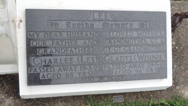 Charles (Les) LEE  | d: 19 Mar 1993 aged 88  |   | Gladys (Winnie) LEE  | d: 29 Mar 2010 aged 96  |   | Cooloola Coast Cemetery  |   | 