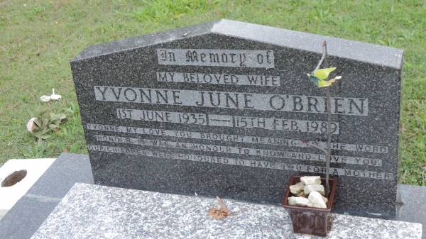 Yvonne June O'BRIEN  | b: 1 Jun 1935  | d: 15 Feb 1989  |   | Cooloola Coast Cemetery  |   | 