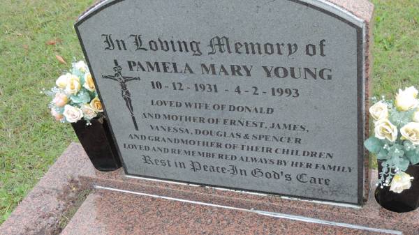 Pamela Mary YOUNG  | b: 10 Dec 1931  | d: 4 Feb 1993  | wife of Donald  | mother of Ernest, James, Vanessa, Douglas, Spencer  |   | Donald Ernest YOUNG (Don)  | b: 15 Jan 1931  | d: 28 Oct 2009  |   | Cooloola Coast Cemetery  |   | 