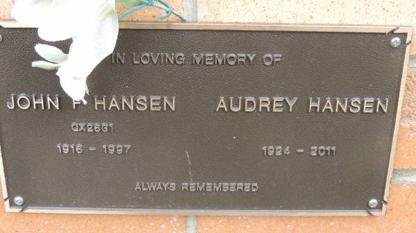 John F HANSEN  | b: 1916  | d: 1997  |   | Audrey HANSEN  | b: 1924  | d: 2011  |   | Cooloola Coast Cemetery  |   | 