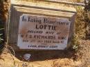 Lottie RICHARDS
(wife of W F S RICHARDS, H M C)
d: 3 Oct 1909, aged 47
Cossack (European and Japanese cemetery), WA