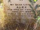 
Alexander William PEAD
d: 5 Jun 1884 aged 39 years and 6 months at Cossack

also 3 children who died in infancy

Alex
d: 7 Apr 1886, aged 9 years and 7 months at Cossack

William A PEAD
b: 23 Jul 1872
d: 11 Nov 1873
Alexander John PEAD
b: 25 Jan 1874
d: 10 May 1874


Cossack (European and Japanese cemetery), WA

