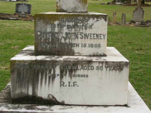 Patrick John SWEENEY,  | born 15 March 1866,  | died 5 Aug 1916 aged 50 years;  | George C. SWEENEY,  | son of Patrick,  | killed Bullecourt 5 April 1917 aged 19 years;  | Eliza Jane,  | wife of Patrick John SWEENEY,  | died 22 Nov 1934 aged 70 years;  | Henry James SWEENEY,  | died 29 April 1923;  | Coulson General Cemetery, Scenic Rim Region  | 